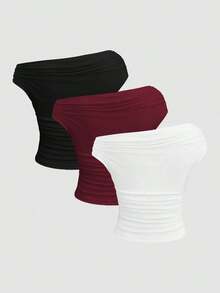 Camiseta ajustada de manga corta y cuello asimétrico de color liso, versátil y cómoda - Multicolor 4 - Ver 2