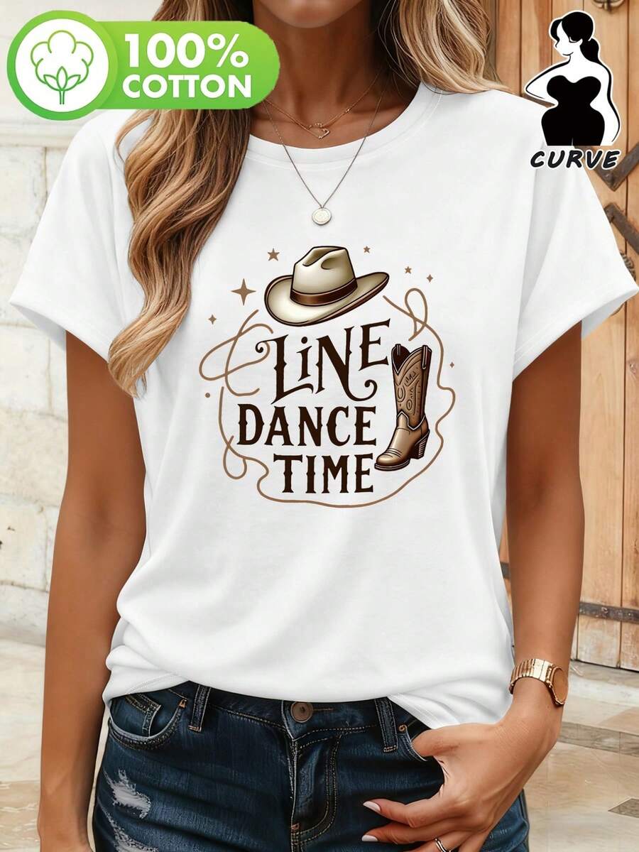 Plus Size - Plus Size - Line Dance Time, Women's 100% Round Neck Casual Loose Breathable Versatile Short Sleeve T-Shirt With Cowboy Hat Print PD-910 Summer Tops - White - View 1