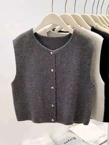 Chaleco de punto sin mangas suelto y corto con botones dorados, chaleco informal de color gris oscuro para capas, cárdigan de punto de ajuste ceñido y versátil para primavera/otoño y verano - Gris Oscuro - Ver 3