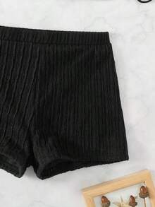 2 piezas Conjunto de bikini de unicolor con textura, tipo halter, adecuado para vacaciones de verano en la playa - Negro - Ver 4
