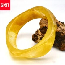 GNIT 女士金玳瑁手镯，3件套粗犷夸张可叠戴手镯，18K镀金树脂首饰套装，百搭服饰 - 透黃系 - 查看 3