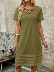 Vestido casual recto de unicolor, cuello redondo, manga corta para mujer, de verano - Verde - Ver 6