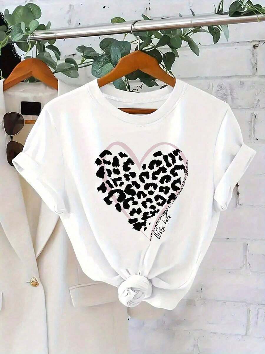 Gift | 1 Women's T-Shirt 100% Breathable Cotton | Elegant Summer T-Shirt For Women - Vibrant Purple Leopard Print With Heart Design, Casual Crew Neck, Short Sleeve, Lightweight Polyester, Perfect For Casual Outfits, Leopard Print Blouse - Ideal For Summer - 白色的 - 查看 1