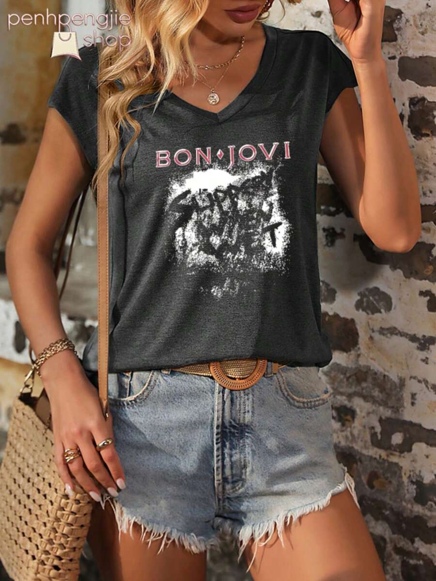 Women's Vintage Bon Jovi Rock Band Graphic Tee, Festival Outfits For Women, Rock Concert Outfit, 90s Grunge Oversized T Shirt - 深灰色 - 查看 1