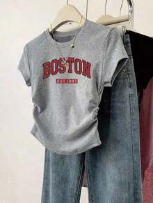 Camiseta ajustada de mujer con estampado de letras, silueta estilizante, estilo casual/al aire libre, nueva llegada de verano, color rojo - Gris - Ver 6