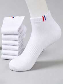 1/5 Pairs Men's Spring/Summer White Striped Breathable Socks, Collegiate Style Suitable For Students, Casual, Commuting, Pair With Sneakers - White - View 5