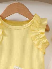 2 piezas Conjunto de niña bebé con blusa de manga con volantes acanalada y falda con estampado de moño, adecuado para el verano - Amarillo - Ver 3
