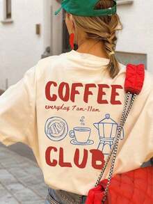 Camiseta blanca de manga corta de estilo casual con cuello redondo y estampado de texto en inglés y café, una prenda versátil y a la moda para el verano. - Albaricoque - Ver 8