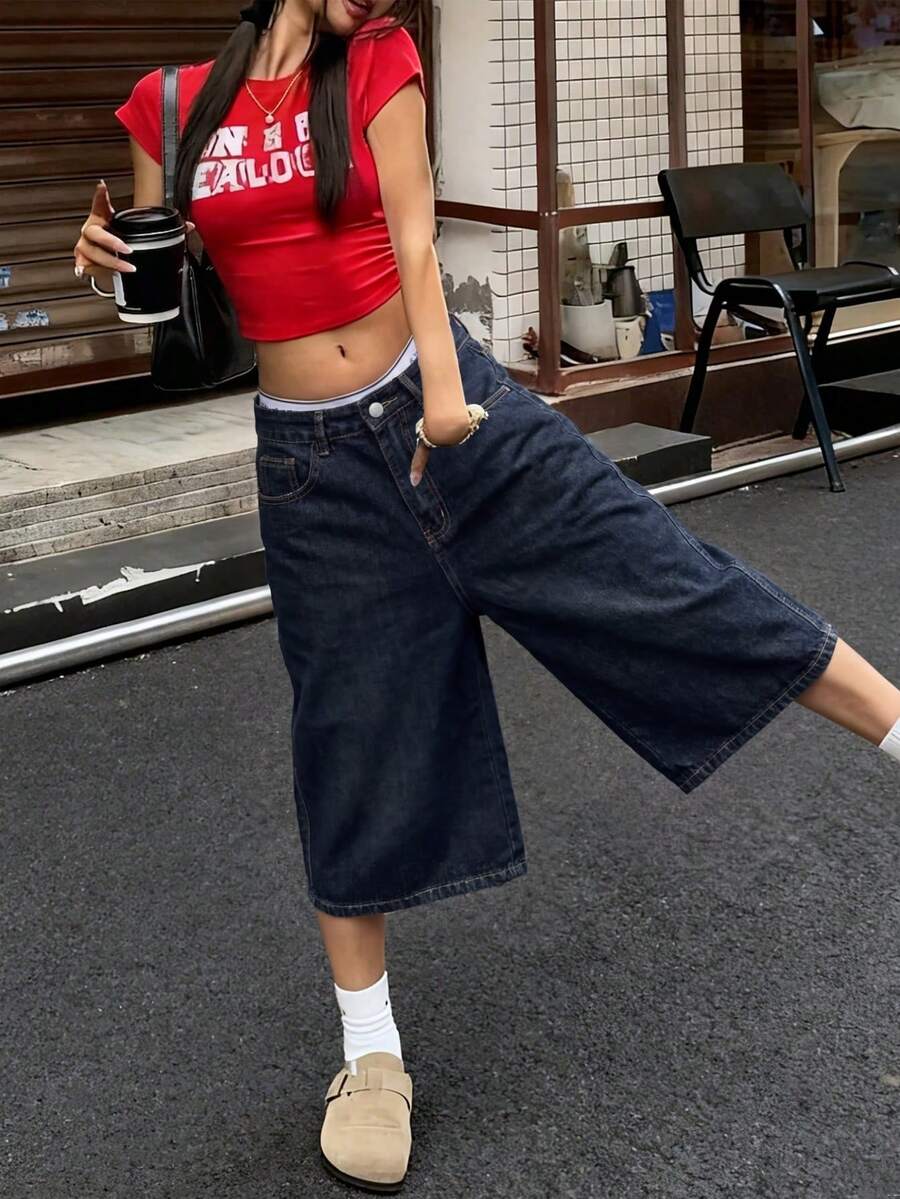 Quần jeans nữ dáng rộng phong cách Y2K retro với túi sau và túi xẻ bên hông, kiểu quần ống rộng lửng thoải mái, đa năng cho mùa xuân/hè. - Màu xanh lam - Xem 1