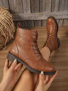 Women's Lace Up Combat Ankle Boots – Flat Low Heel Fashion Booties - 鏽棕色 - 查看 1