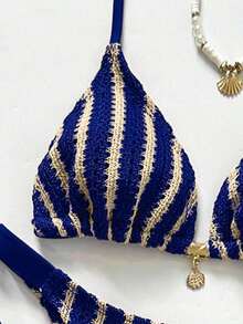 Swim Chiccia Conjunto de bikini a rayas sexy para mujer con pantalones, nueva llegada de trajes de baño para mujer 2026, adecuado para la escuela, vacaciones, citas, té de la tarde, estilo occidental, cruceros, playa, isla, viajes por carretera, todas las estaciones, festivales de música, vacaciones bohemias, vacaciones bohemias, otoño relajado, estilo occidental bohemio, blusas elegantes para mujer - Azul - Ver 3
