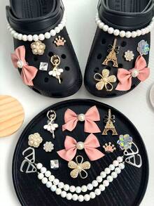 Fashionable Girl Style Clogs Shoes Charms Set - Bow, Dollar Sign, Star & Flower Decor, Shiny Clogs Shoes Accessories - Golden Eiffel Tower Ballet Chain Set - View 3