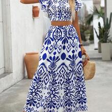 Holidaya Women's Holiday Allover Print Square Neck Blouse And Ruffle Hem Skirt Set - Albaricoque - Ver 2