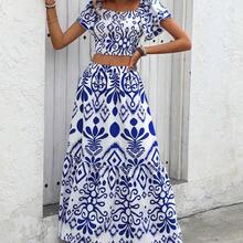 Holidaya Women's Holiday Allover Print Square Neck Blouse And Ruffle Hem Skirt Set - Albaricoque - Ver 5