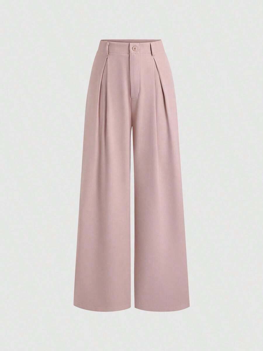 Pantalones anchos de mujer vintage elegantes con textura y plisados, para otoño/invierno - Rosa - Ver 1