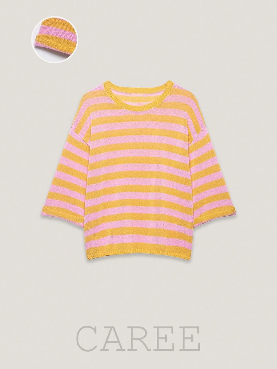 Women's Spring & Summer Dopamine Style Crew Neck Knit Sweater, Rolled Cuff Loose-Fit Three-Quarter Sleeve Pullover - Multicolor - View 1