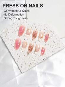 30片法式3D花朵美甲贴片，粉色波浪珍珠图案，Y2K风格，包含1片果冻胶和1个指甲锉，适合女性/女孩日常生活、派对、美容、美甲、节日、毕业季、假期、旅行、毕业典礼等场合。 - 彩色 - 查看 4