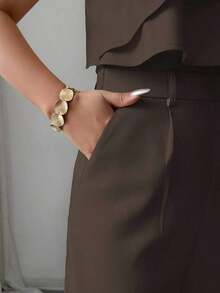 Mono de mujer con diseño casual apropiado para vacaciones de primavera/verano, adecuado para la oficina, el transporte, la playa y la hora del té de la tarde, con tirantes de espagueti, cintura con doble volante y silueta recta y suelta - Marrón - Ver 3