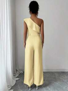 Mono de mujer con diseño casual apropiado para vacaciones de primavera/verano, adecuado para la oficina, el transporte, la playa y la hora del té de la tarde, con tirantes de espagueti, cintura con doble volante y silueta recta y suelta - Amarillo - Ver 2
