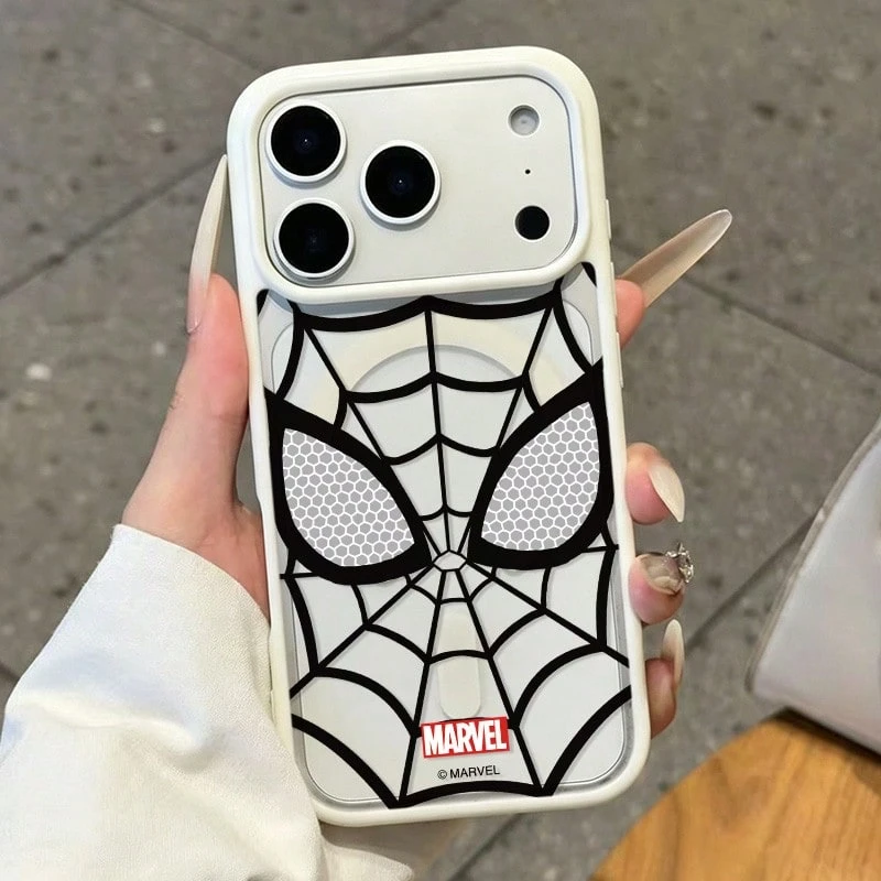 Miniso Marvel Spider-Man Creative Personalized Spider Web MagSafe Magnetic Charging Case Compatible With Apple 17 Pro Max/IPhone 17/16 Pro/15/14/13/17 Air/12/16 Pro/15 Plus. Suitable For Students And As A Drop-Proof Protective Case. Compatible With Apple. - White - View 1