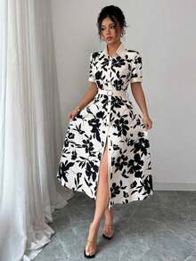 Vestido de verano elegante para vacaciones con efecto de cintura ceñida y estampado para mujeres - Albaricoque - Ver 3
