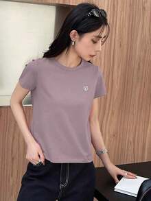 Y2K Style, Modern Style, The Newest Of 2026, Cute Style, Casual Style. Women's Loose-Fitting Casual Summer T-Shirt With Embroidered Heart And Letter Pattern, Red, 180g (S-XXXL) - 淡紫色 - 查看 3