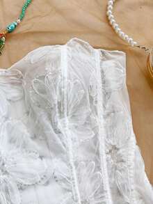 Top corset ajustado con doble capa de encaje con hombros descubiertos, estilo sexy europeo y americano.Body bordado calado.Conjunto de ropa de fiesta blanca para mujer para salir, vestido de invitada de boda, otoño/invierno - Blanco 2 - Ver 3