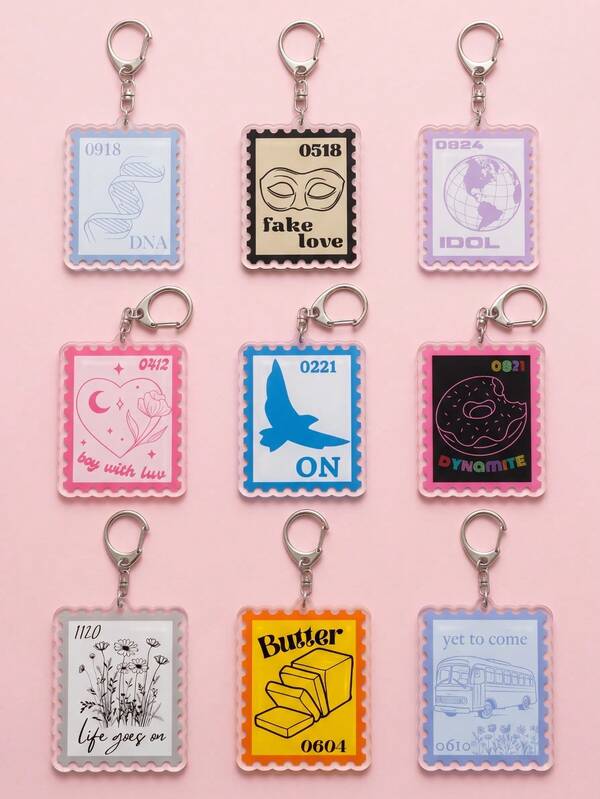 1Pc/9pcs B/Ts Bangtang K-Pop Music Stamp Pattern Keychain, Acrylic Rectangular Wavy Edge Metal Clip Functional Bag Charm Decorative Pendant, Suitable For Fan Meetings, Concerts, Birthday Gifts, Back To School, Campus Daily, Travel And All Seasons