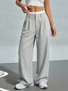 Pantalones anchos de mujer con pliegues y rayas, con cintura de bloques de color para otoño/invierno - Gris 2 - Ver 3