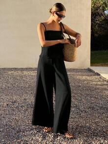 Conjunto de 2 piezas de top de tirantes con volantes y pantalones sueltos casuales de verano para mujer - Negro - Ver 4