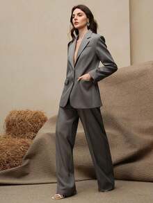 Set de traje de 2 piezas para mujer, Blazer multicolor + Pantalón de pierna recta - Gris Claro - Ver 4