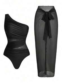 Traje de baño de una pieza de unicolor, asimétrico en el hombro, de moda para el verano y la playa, de estilo minimalista - Negro - Ver 8