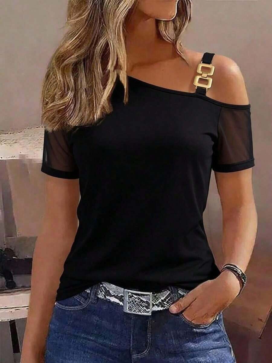 Camiseta de manga corta con hombro asimétrico, empalme de malla, casual de vacaciones, nueva primavera/verano 2026 para mujer - Negro - Ver 1