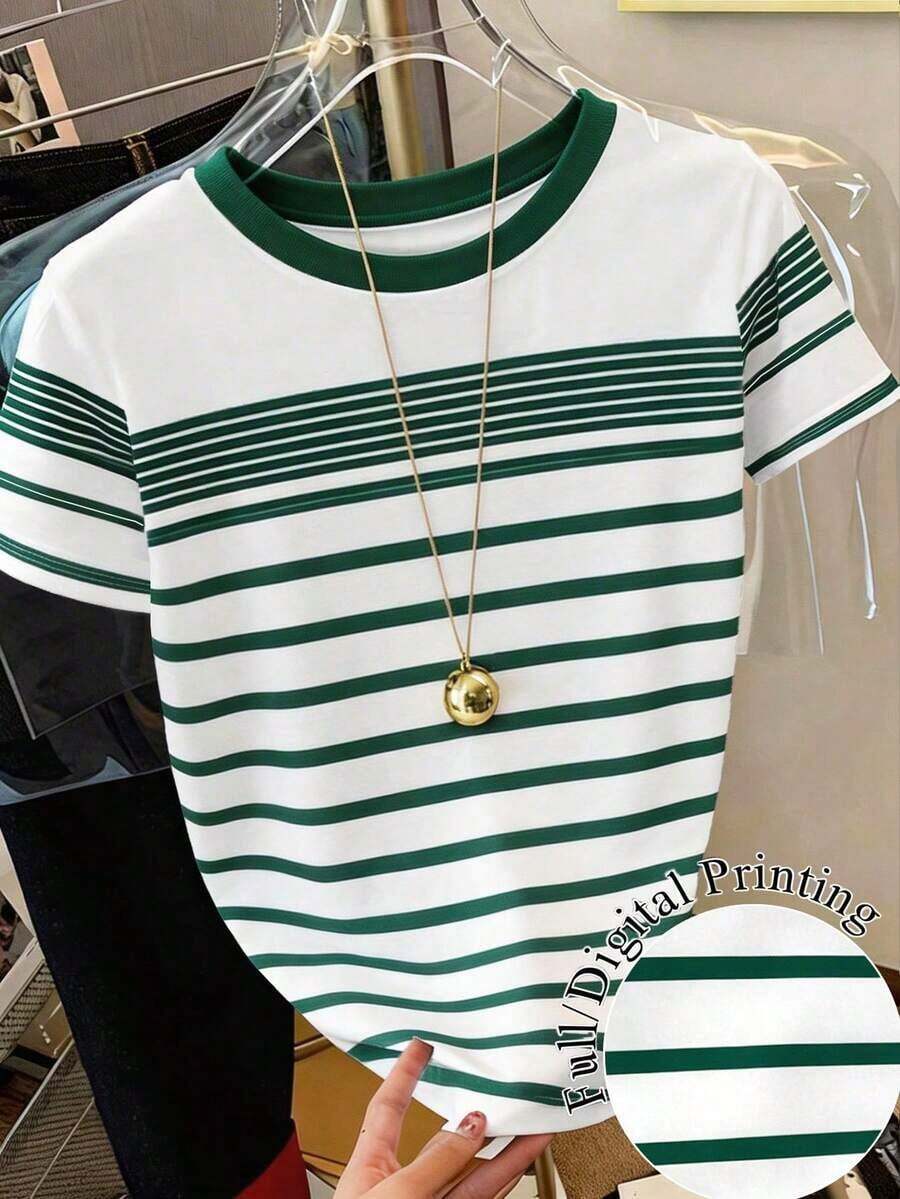 Camiseta de manga corta de cuello redondo a rayas para mujer, de uso versátil y casual para uso diario - Multicolor 5 - Ver 1