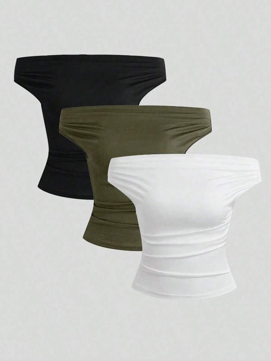 Parte superior sencilla de diseño con hombros descubiertos de unicolor, uso casual diario para mujeres - Multicolor 5 - Ver 1