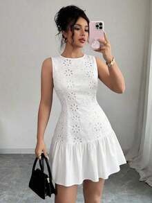 Vestido mini elegante de estilo bohemio con estampado floral, sin mangas y cintura ceñida para mujeres, conjunto de verano con acabado tejido al estilo francés para graduaciones, primavera/verano - Blanco - Ver 9