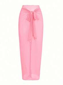 Traje de baño de una pieza con pliegues de unicolor con pareo y falda a juego, perfecto para vacaciones - Rosa - Ver 4
