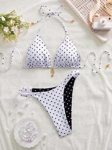 Conjunto de bikini reversible con estampado de lunares en contraste, con escote halter y nudo en la espalda, de estilo dulce y sexy, para vacaciones en la playa - Blanco y Negro - Ver 3