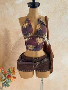 Top sin espalda con cuello halter y textura vintage para mujer, verano - Morado - Ver 5