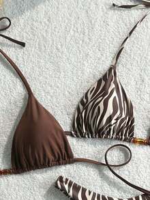 Conjunto de traje de baño de 4 piezas con cuentas marrón y a rayas, para primavera/verano 2026, conjunto de bikini de alta gama para resort de playa - Multicolor 8 - Ver 6