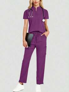 Conjunto de uniforme azul marino para mujer, hecho de tela de alta calidad y transpirable, adecuado para deportes, enfermería y trabajo, con bolsillos, perneras acampanadas, conjunto de uniforme de moda, adecuado para clínicas dentales, conjunto de unifor - Rojo violeta - Ver 2