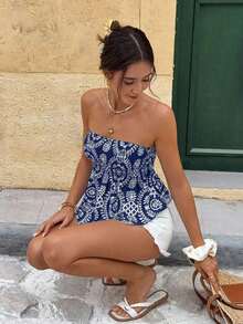 Top tubo/cropped con estampado de plantas para vacaciones de mujer - Azul marino - Ver 4