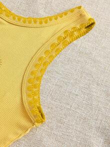 4 piezas Camiseta de mujer con cuello redondo bordada con pimiento picante y limón - Mostaza Amarilla - Ver 5