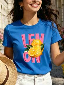 Women's Blue Short Sleeve Crew Neck T-Shirt - Summery And Fresh "LEMON" Print - Versatile Holiday Garment - Pure Cotton Basic T-Shirt - Watercolor Lemon Print - Casual And Fashionable Travel Wear - 藍色 - 查看 12