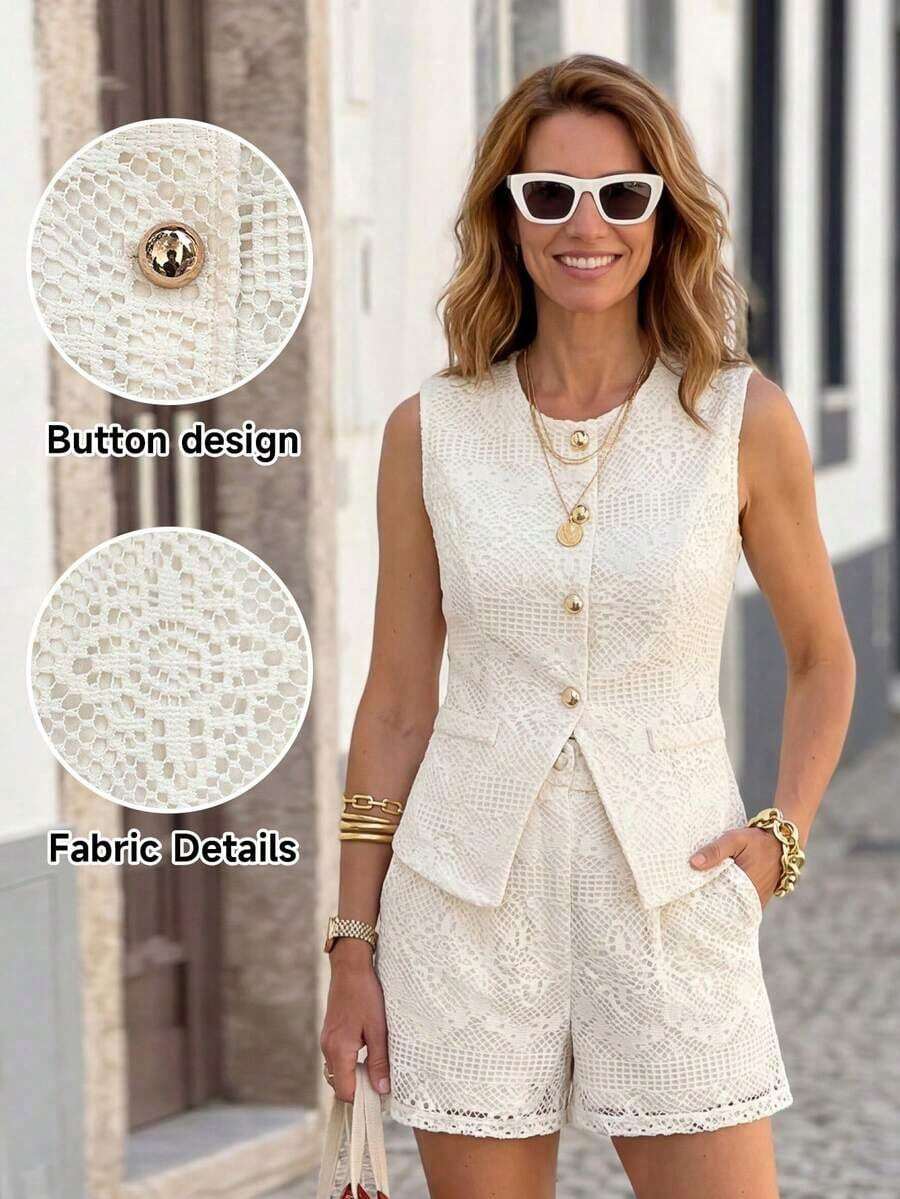 Conjunto de 2 piezas para mujer: Chaleco de metal de un solo pecho y shorts para el verano - Beis 2 - Ver 1
