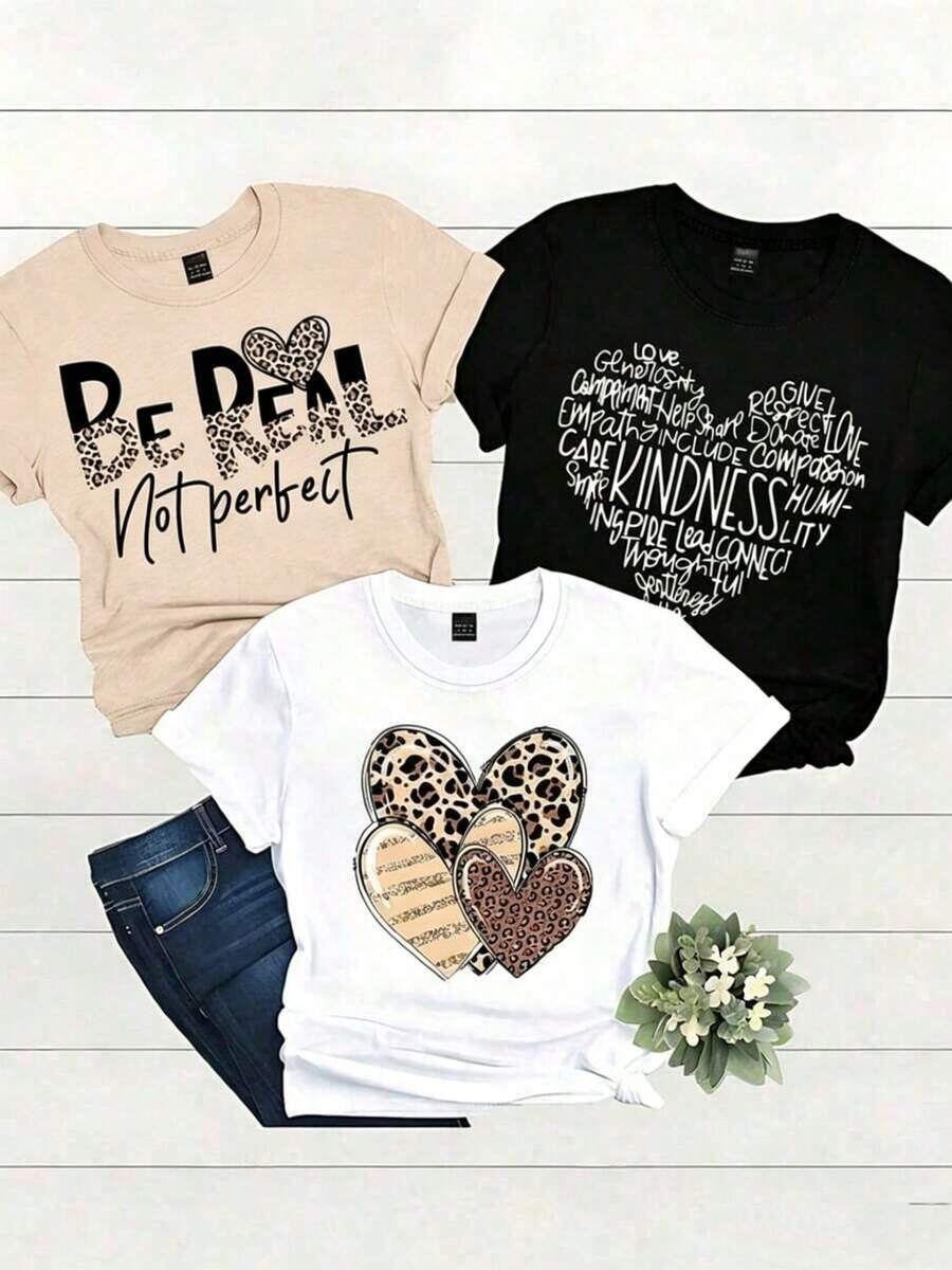 camisetas estampadas Prenda individual, no un conjunto de 3 piezas, 1 piezas/set de camisetas de manga suitable for streetwear, Top oversized cuello redondo daily outings, camping, concerts, hip-hop, rock, and rap events corte recto manga corte cuello redondo tshirt dama Be real corazón animal print - Blanco - Ver 1