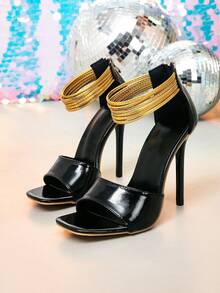 European And American Style Black & Gold Contrast Stiletto Sandals, Multi-Strap Open Toe High Heels For Party - Black - View 2