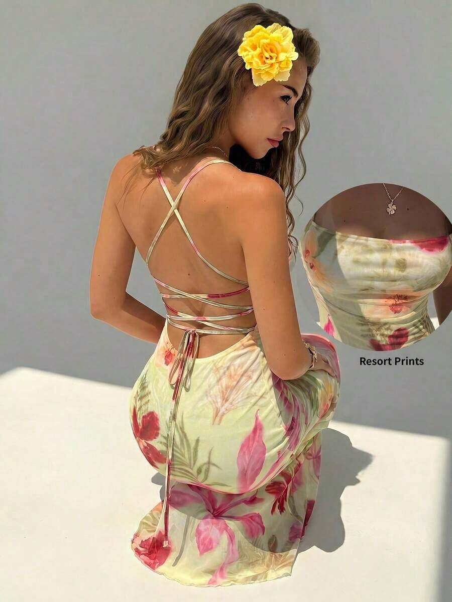 Vestido con estampado floral elegante y espalda descubierta para mujer - Multicolor 4 - Ver 1