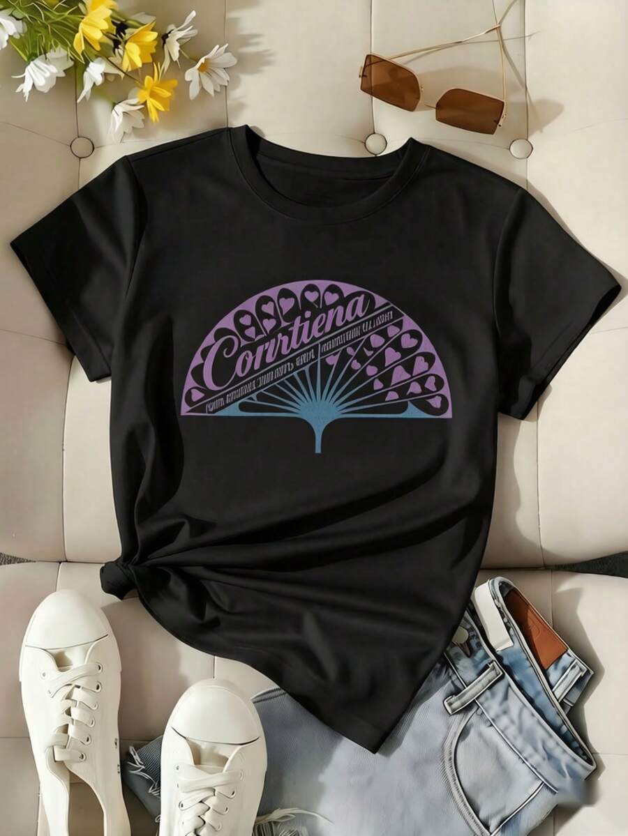 Graphic Tee Vintage Style Purple Heart Fan Print Shirt Skin-Friendly Fabric Soft-Touch Texture Streetwear Aesthetic Short Sleeve Casual Wear Perfect For Daily Wear, Outdoor Activities, Music Festivals, Parties, Or As A Creative Gift For Friends - 黑色 - 查看 1