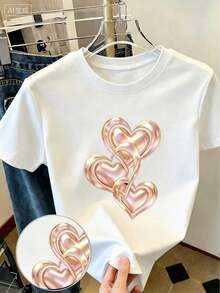 Men's Vintage Loose Fit Breathable T-Shirt, Women's Casual T-Shirt Decorated With Pink Rhinestone Heart Print. It Features A Sweet Style With Understated Luxury, Perfect As A Gift. Designed With A Simple Crew Neck, It's Soft Against The Skin, Lightweight, And Comfortable To Wear-A Versatile Piece For Spring And Summer Wardrobes. Fashionable Flat Print Pattern - 白色 - 查看 7
